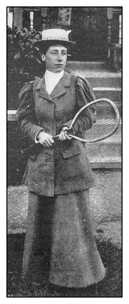 illustrations, cliparts, dessins animés et icônes de photo antique: joueur de tennis mme draffen - history women victorian style one person