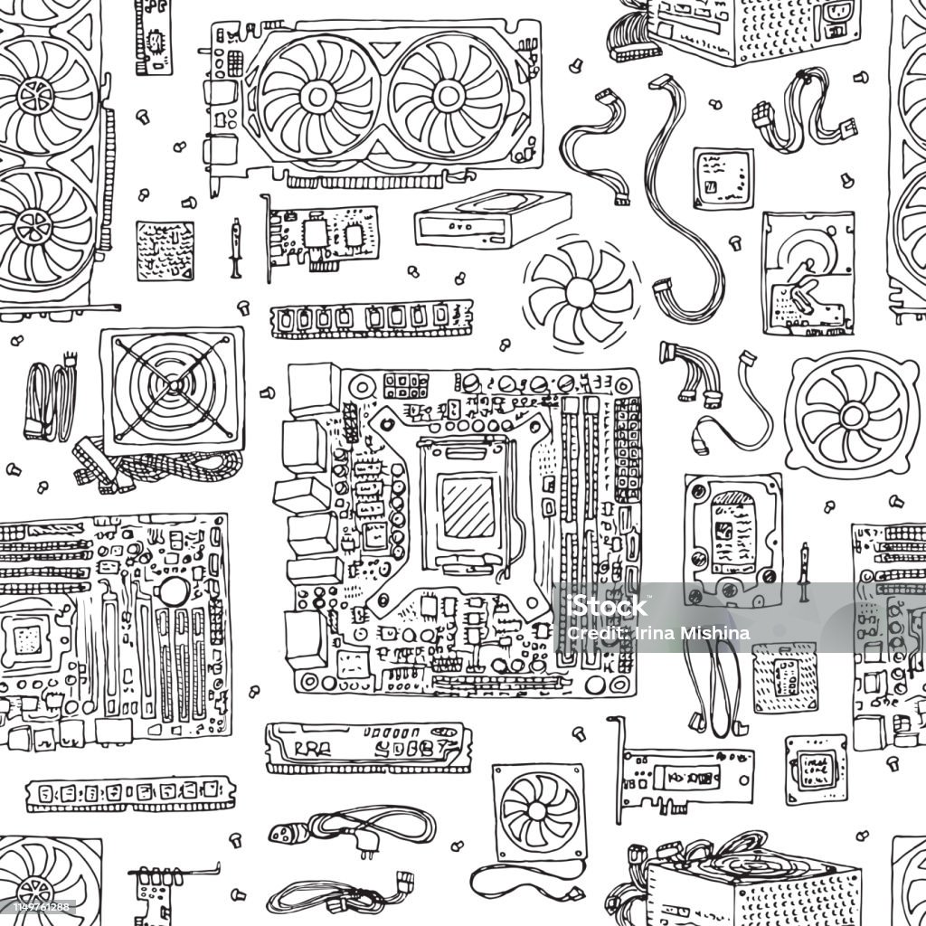 seamless pattern of Electronic component of desktop computer. seamless pattern of Electronic component of desktop computer. Motherboard, processor, video card, memory, hdd Hard Drive stock vector