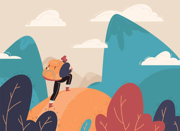 ilustrações, clipart, desenhos animados e ícones de viajante com uma trouxa, franja com uma trouxa que está em um pico de montanha e que olha a paisagem na distância. - silhouette landscape cliff mountain
