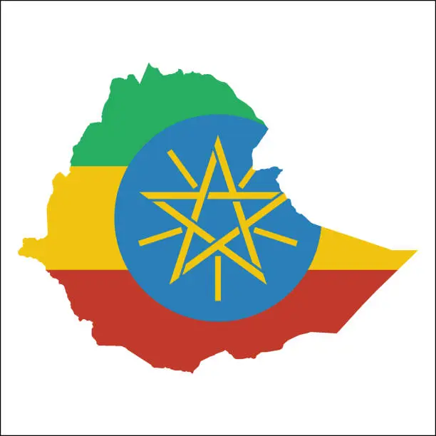 Vector illustration of Ethiopia high resolution map with national flag.