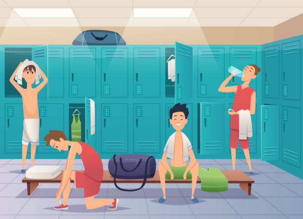 School locker room. Sport gym locker with kids in college vector cartoon background School locker room. Sport gym locker with kids in college vector cartoon background. Locker room gym, sport dressing with bench illustration boy getting dressed for school stock illustrations