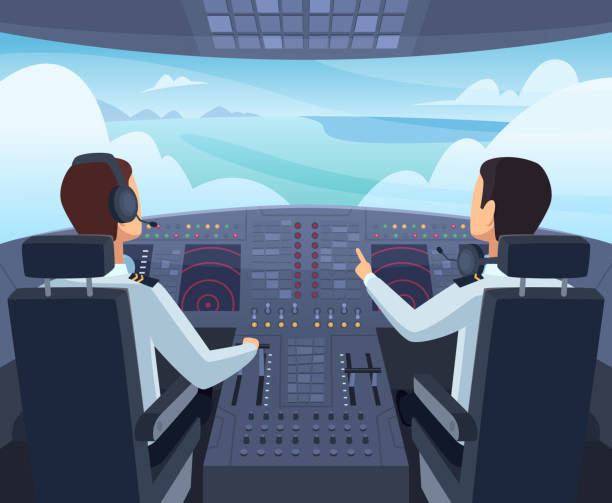 flugzeug-cockpit. piloten sitzen vor armaturenbrettflugzeugen in vektorcartoon-illustrationen - cockpit stock-grafiken, -clipart, -cartoons und -symbole