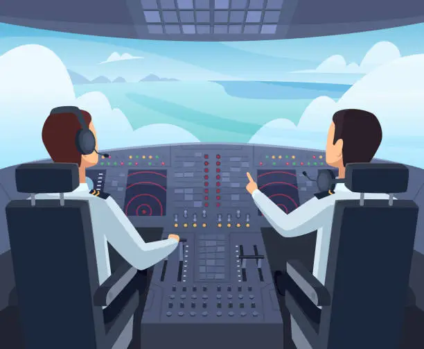 Vector illustration of Airplane cockpit. Pilots sitting front of dashboard aircraft inside vector cartoon illustrations