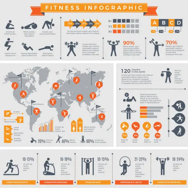 Vector illustration of Fitness infographic. Sport lifestyle healthy people making exercises in gym or outdoor vector infographic template