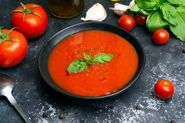 istock Gazpacho cold summer vegetarian tomato soup with basil in a bowl 1149788590