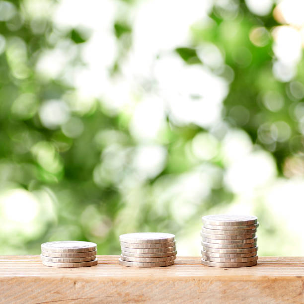 istock coins on table outdoors with nature green bokeh background 1149798131