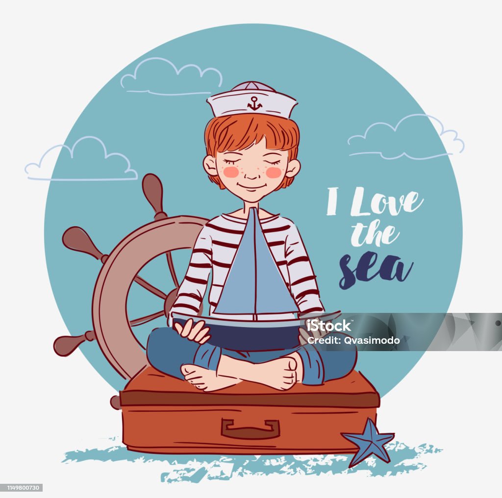 Cute boy sitting on a suitcase and playing with toy sailing boat. Travel vector concept 4-5 Years stock vector