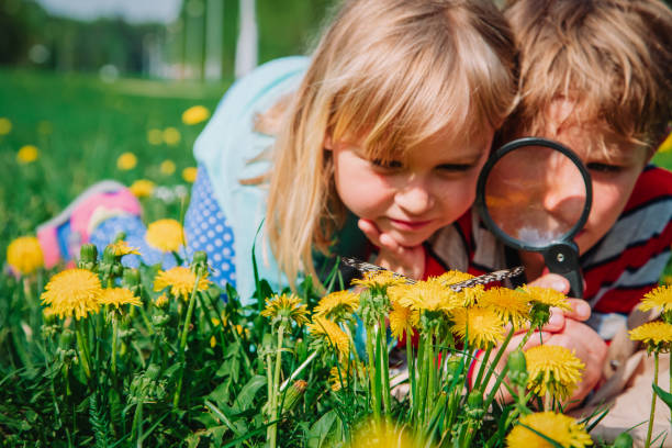 istock kids - boy and girl - looking at butterfy, kids learning nature 1149801607