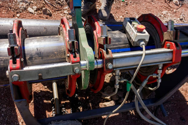 istock Polyethylene (HDPE) pipeline weld. HDPE pipe can be joined by butt welding, electrofusion welding, socket welding, or extrusion welding. These joints heat the pipe during the joining. 1149820111