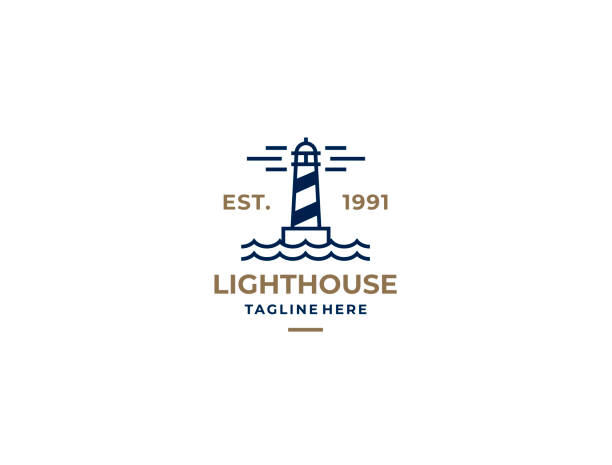 ilustrações de stock, clip art, desenhos animados e ícones de lighthouse, beacon logo icon. vector illustration. modern linear simple logotype template. lighthouses and ocean waves. - beacon