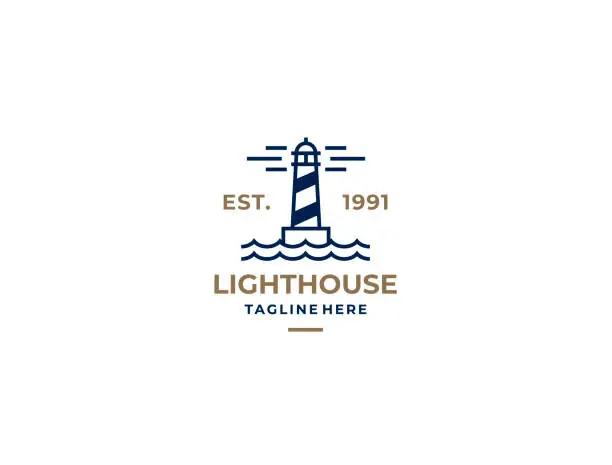 Vector illustration of Lighthouse, Beacon logo icon. Vector Illustration. Modern linear simple logotype template. Lighthouses and ocean waves.