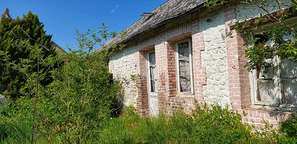 Old house abandoned bricks and stones with bushy vegetation. Small Norman village.