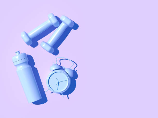 istock Creative layout made of Sport tools on Blue pastel background. Concept flat lay sport. Minimal fitness idea. 3d illustration 1149829392