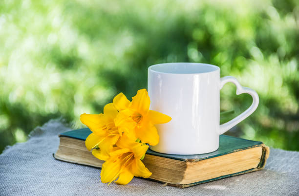 Cup of coffee and book. Cup of tea and flowers. White mug on natural background stock photo