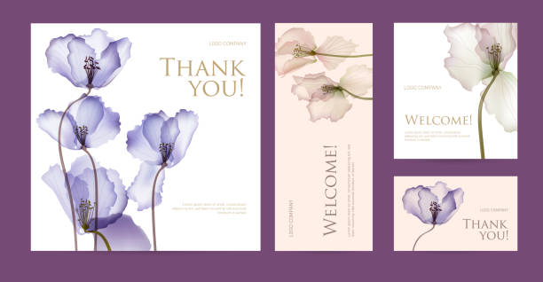 A set of postcard with the words of gratitude. Design template of business cards with abstract spring flowers for the hotel, beauty salon, spa, restaurant, club. Vector illustration floral menu card stock illustrations