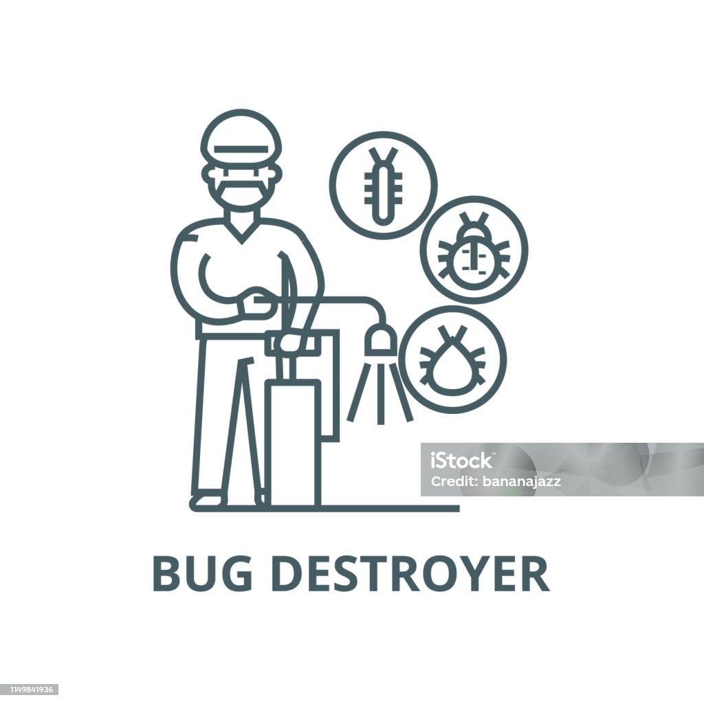 Worker,bug destroyer vector line icon, linear concept, outline sign, symbol Worker,bug destroyer vector line icon, outline concept, linear sign Armed Forces stock vector