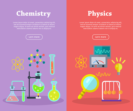 Chemistry and physics science banners. Chemical flasks and bottles, medicinal substance for experiments, molecular chains, preparations. Physical devices, equipment, elements. Vector in flat style