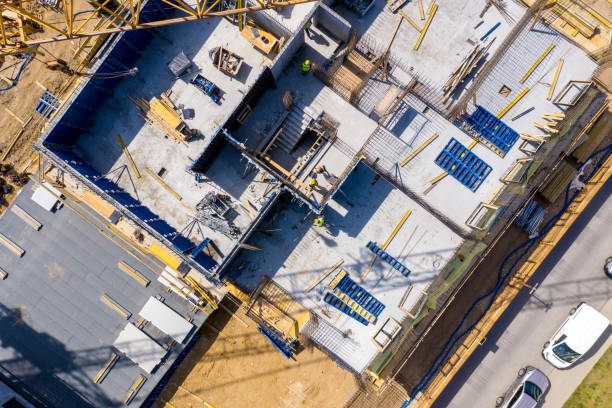 istock Construction site and equipment - aerial view. Residential Building 1149855739