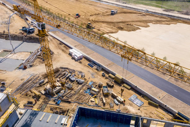 istock Construction site and equipment - aerial view. Residential Building 1149855931