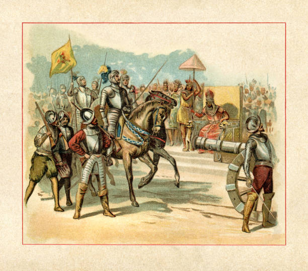 der spanische konquistador hernán cortés tritt bei der begegnung mit montezuma ii in tenochtitlan an - 16th century style stock-grafiken, -clipart, -cartoons und -symbole