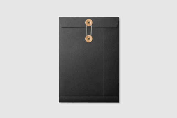 black paper a4/c4 size string and brown washer envelope mockup on light grey background. - 4 string imagens e fotografias de stock