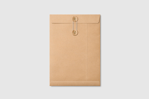 Kraft Paper A4/C4 size String and Washer Envelope Mockup on light grey background. High resolution.