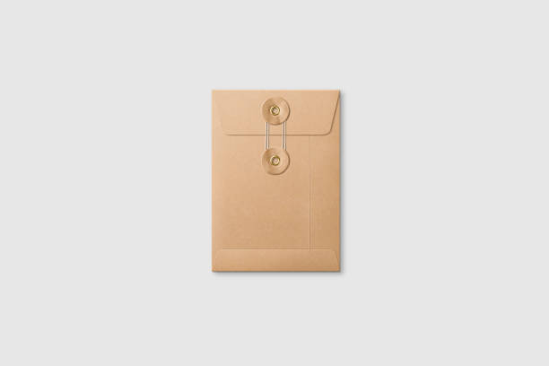 istock Kraft Paper A6/C6 size String and Washer Envelope Mockup on light grey background. 1149859959