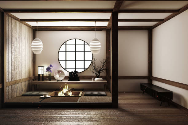 modern empty living room with floor tatami mat and traditional japanese.3D rendering modern empty living room with floor tatami mat and traditional japanese.3D rendering luxury craft stock pictures, royalty-free photos & images