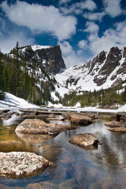 Dream Lake - Rocky Mountain National Park Winter spring Rocky Mountain National glacial lake alpine peak tree park Hike camp travel explore view wonder majesty denver photos stock pictures, royalty-free photos & images
