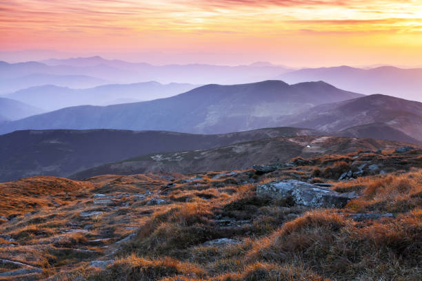istock Panorama with interesting sunrise enlightens surroundings. Landscape with beautiful mountains and stones. Fantastic autumn scenery. Touristic resort Carpathian national park, Ukraine Europe. 1149863336