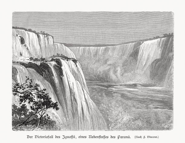 The Iguazú Falls on the border of Argentina and Brazil - the largest waterfall system in the world. Wood engraving, published in 1897.