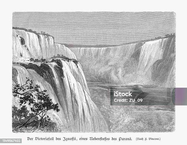Iguazu Falls Argentina And Brazil Wood Engraving Published In 1897 Stock Illustration - Download Image Now