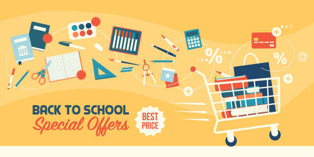 Back to school shopping discounts Back to school shopping discounts: full shopping cart, educational supplies and stationery items book bookstore sale shopping stock illustrations