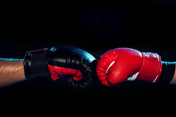 istock Partial view of two boxers in boxing gloves touching hands on black 1149876902