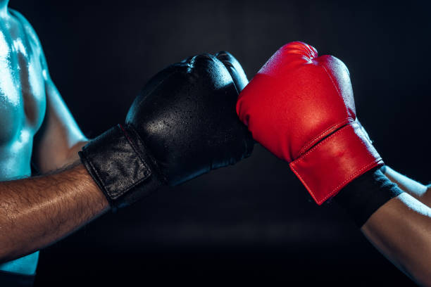 istock Partial view of two boxers in boxing gloves touching hands on black 1149876905