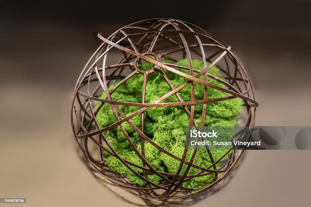 Antique brass orbital concentric circle orb with bright green moss in the center on gradient dark to light brown background - shallow focus and bokeh Moss Stock Photo Antique brass orbital concentric circle orb with bright green moss in the center on gradient dark to light brown background - shallow focus and bokeh Moss Stock Photo