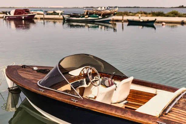 Close-up view of old speed boat in retro style