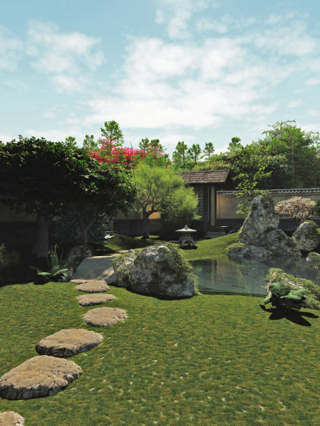 茶室と池のある日本庭園 - maple tree tree red japanese culture ストックフォトと画像