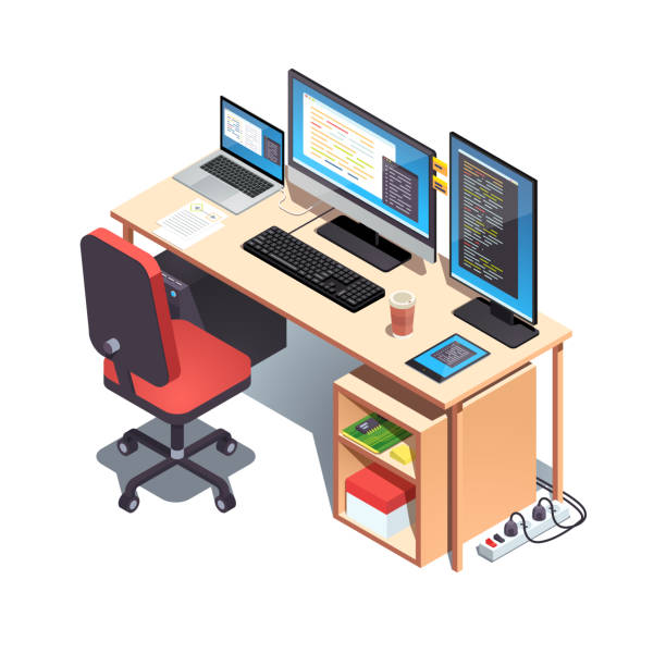 biuro pracy programisty web-developera z otwartym kodem projektu na monitorach. laptop, stół do konfiguracji komputera stacjonarnego z fotelem kółka, klawiatura mechaniczna. płaska izometryczna ilustracja wektorowa pseudo 3d - gaming systems stock illustrations
