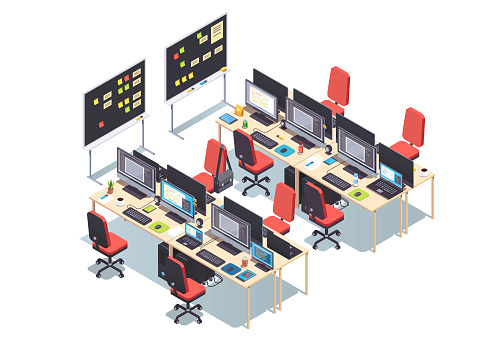 IT software design & development company open space office. Game dev studio with many workplaces, desks, pc, laptops with monitors & planning whiteboard. Flat isometric pseudo 3d vector illustration