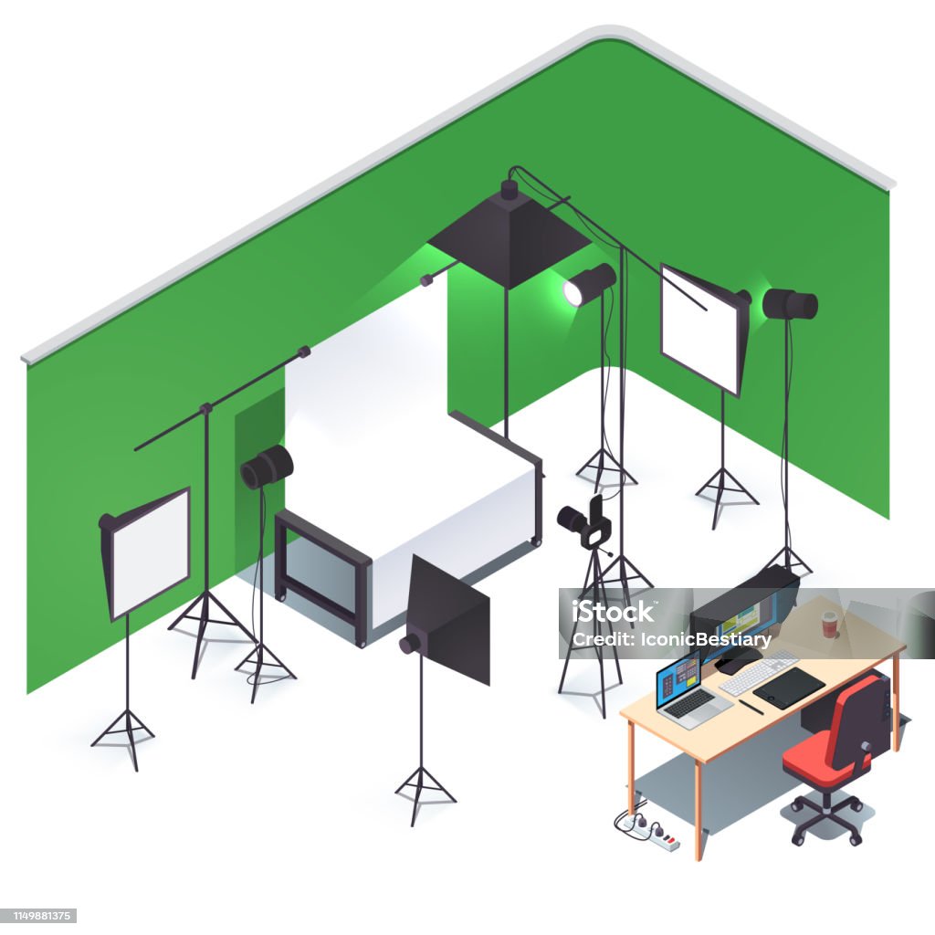 hotography studio room interior & equipment. Photo camera, lights, stands, white & green choma key background setup, shooting table, retouch pc desk. Flat isometric vector illustration Photography studio room interior & equipment. Photo camera, lights, stands, white & green choma key background setup, shooting table, retouch pc desk. Flat isometric pseudo 3d vector illustration Studio - Workplace stock vector