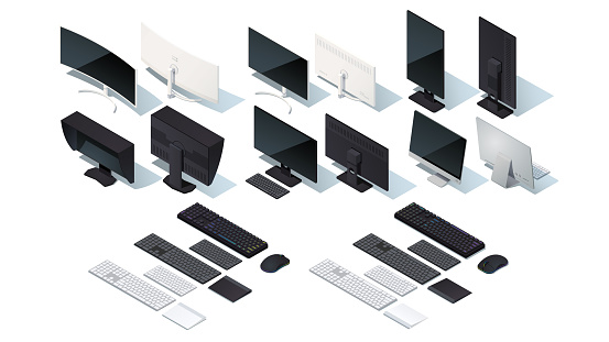 Modern monitor, keyboard, mouse, touch pad set. Six monitors, flat, curved, designer, professional, desktop & gaming displays. Flat realistic isometric pseudo 3d vector mockup illustration collection