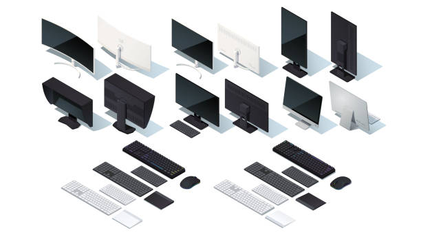 Modern monitor, keyboard, mouse, touch pad set. Six monitors, flat, curved, designer, professional, desktop & gaming displays. Flat isometric mockup vector illustration Modern monitor, keyboard, mouse, touch pad set. Six monitors, flat, curved, designer, professional, desktop & gaming displays. Flat realistic isometric pseudo 3d vector mockup illustration collection giant computer keyboard stock illustrations