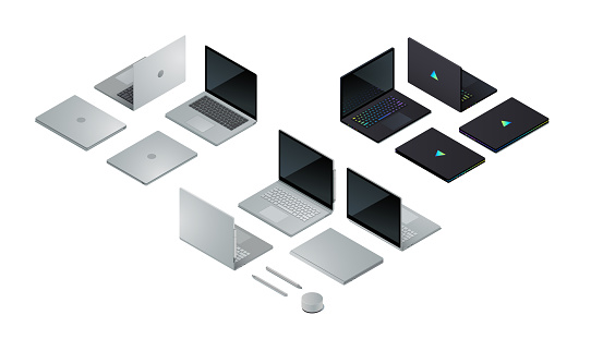 Modern laptop computers set. Standard gray aluminum ultrabook, black gaming laptop with led lighting glowing, laptop convertible to tablet. Flat realistic isometric pseudo 3d vector illustration collection