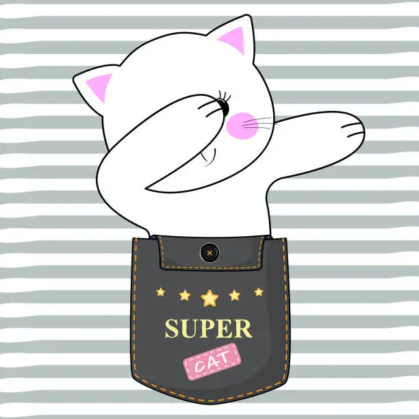 Vector illustration of Adorable white cat sitting in a pocket and dabbing fun.