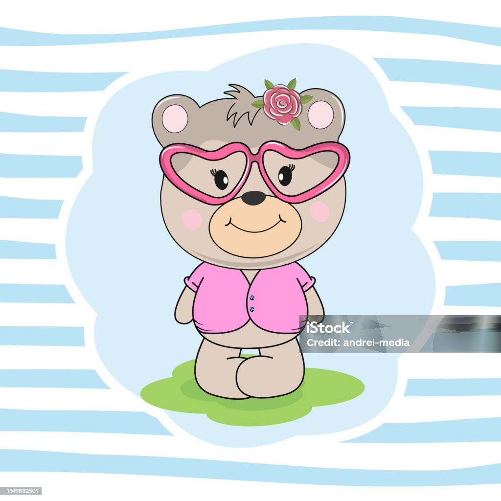 Beautiful cute bear in pink glasses dreams of love. Beautiful cute bear in pink glasses dreams of love. Vector illustration drawn in flat style. Drawing can be applied to children's t-shirts. Animal stock vector