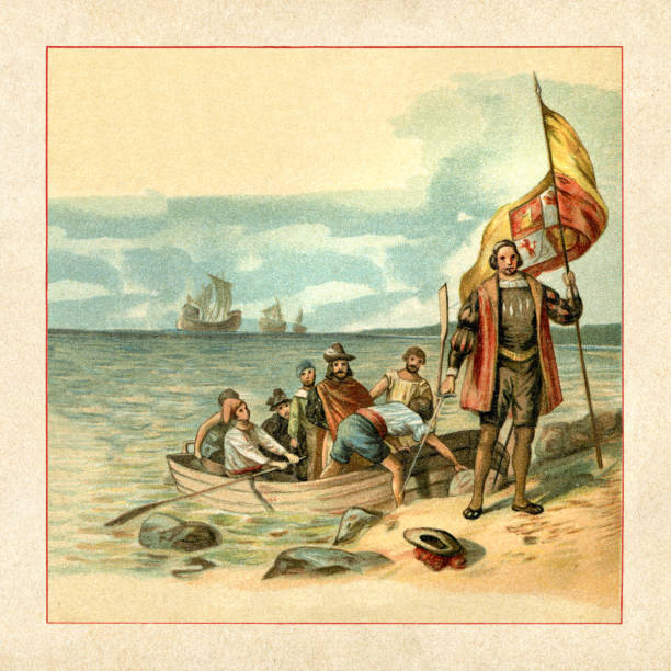 Christopher Columbus landing in America 1492 Steel engraving of Christopher Columbus arriving in America 1492
Columbus called the island ( in what is now the Bahamas ) San Salvador (meaning "Holy Savior"); the natives called it Guanahani. 
Original edition from my own archives
Source : "Allgemeine Weltgeschichte" 1898 christopher columbus stock illustrations