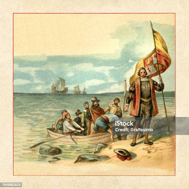 Christopher Columbus Landing In America 1492 Stock Illustration - Download Image Now - Christopher Columbus - Explorer, Spanish Culture, The Americas