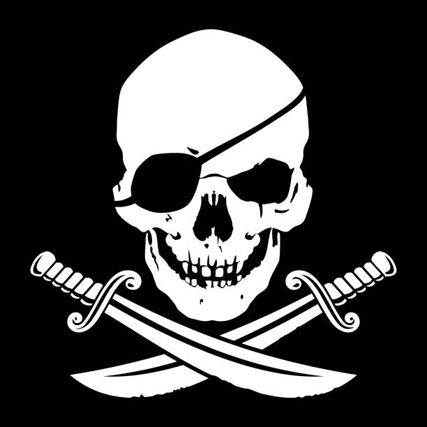 Jolly Roger, skull with crossed daggers Jolly Roger, skull with crossed daggers on a black background. Vector illustration. pirate flag stock illustrations