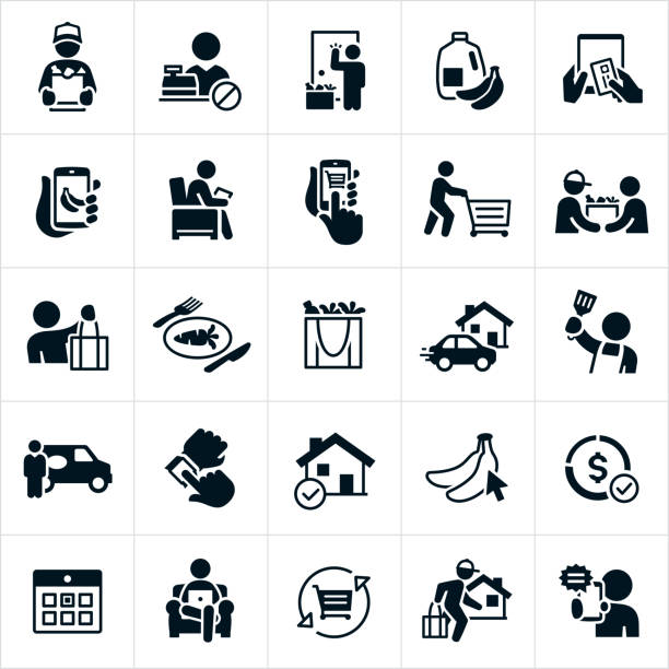 Grocery Delivery Icons A set of grocery delivery icons. The icons include grocery delivery, delivery people, groceries, online ordering, ordering from the convenience of being at home, using a smartphone to order a delivery, delivery people shopping for groceries and delivering them, re-usable shopping bags full of groceries, meal preparation, delivery van, calendar and a shopping cart to name just a few. people grocery shopping stock illustrations